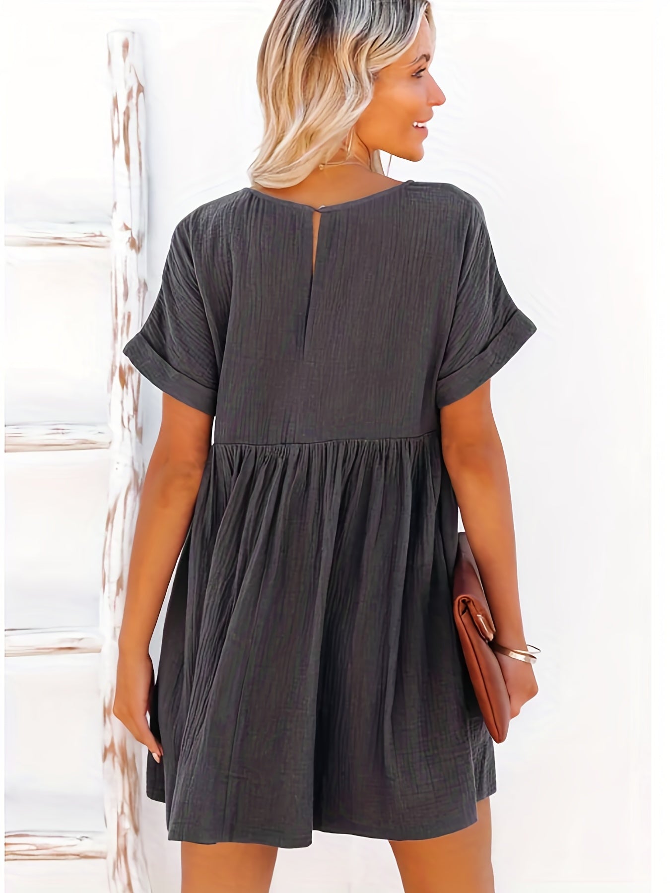  Short Sleeve V Neck Tunic Mini Dress With Pockets
