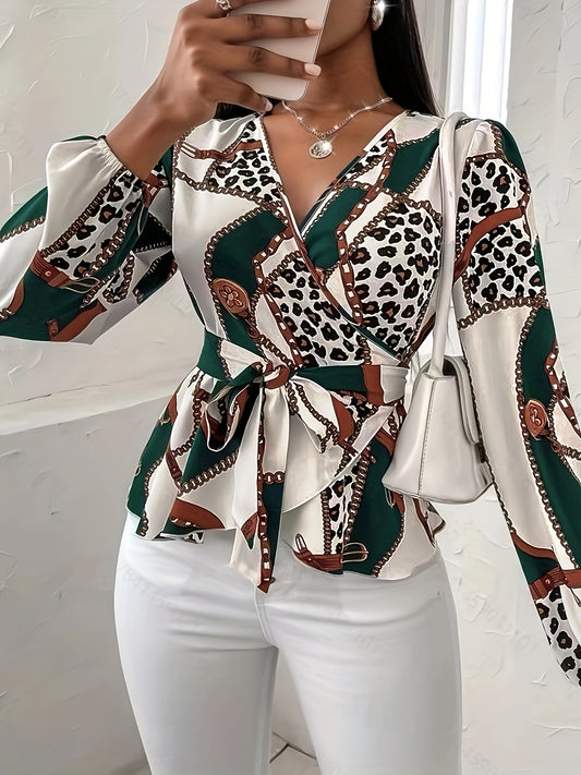  Women's Colorblock Leopard Print Long Sleeve Blouse