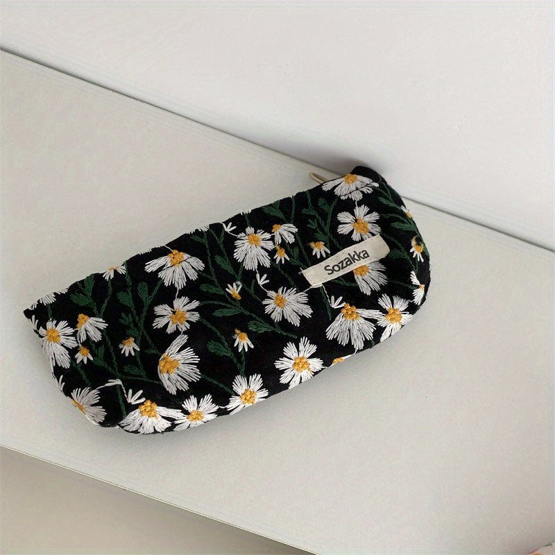 Daisy Embroidered Cosmetic Bag for Women - Roomy Toiletry Case