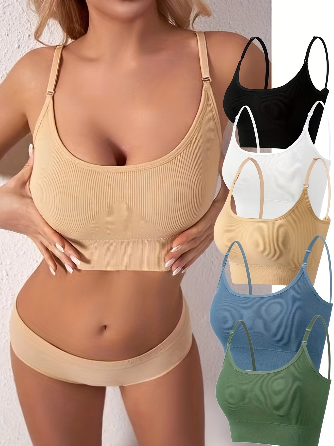 5pcs Ribbed Push Up Bras Comfy & Breathable Intimates Bra Women's Lingerie