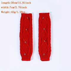 Red Rhombus Ribbed Knitted Gloves Elastic Warm Gloves Faux Pearl Decor