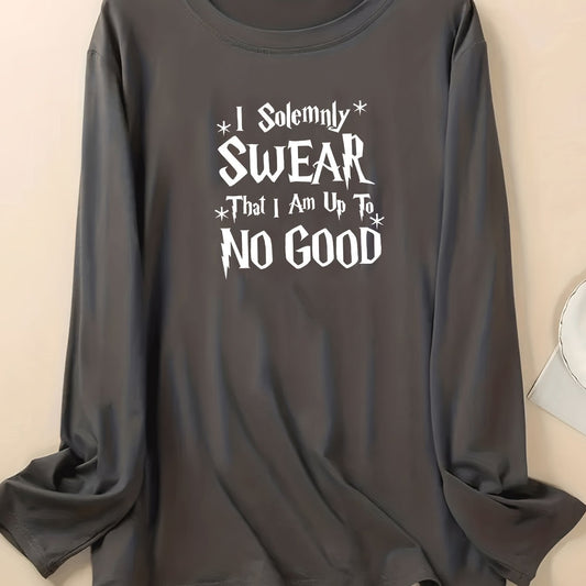 Plus Size Lounge Top Women's Plus Letter Graphic Long Sleeve Round Neck