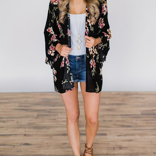 Floral Print Cover Up Shirt Long Sleeves Loose Fit V Neck Semi Sheer Kimono