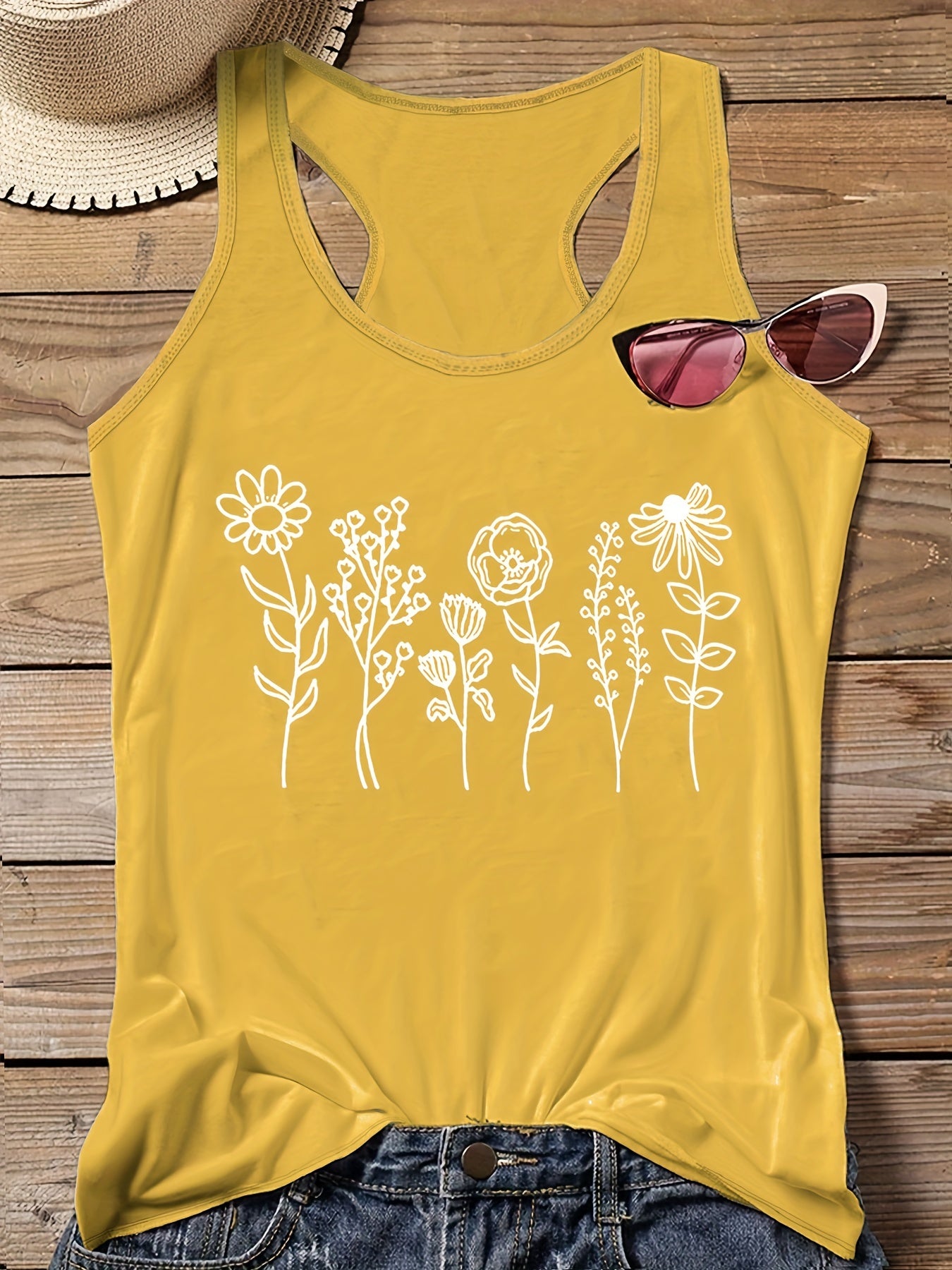  Casual Tank Top Women's Plus Floral Print Round Neck Slight Stretch