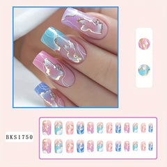 24pcs Marble Print French Press On Nails Medium Square Acrylic Nails