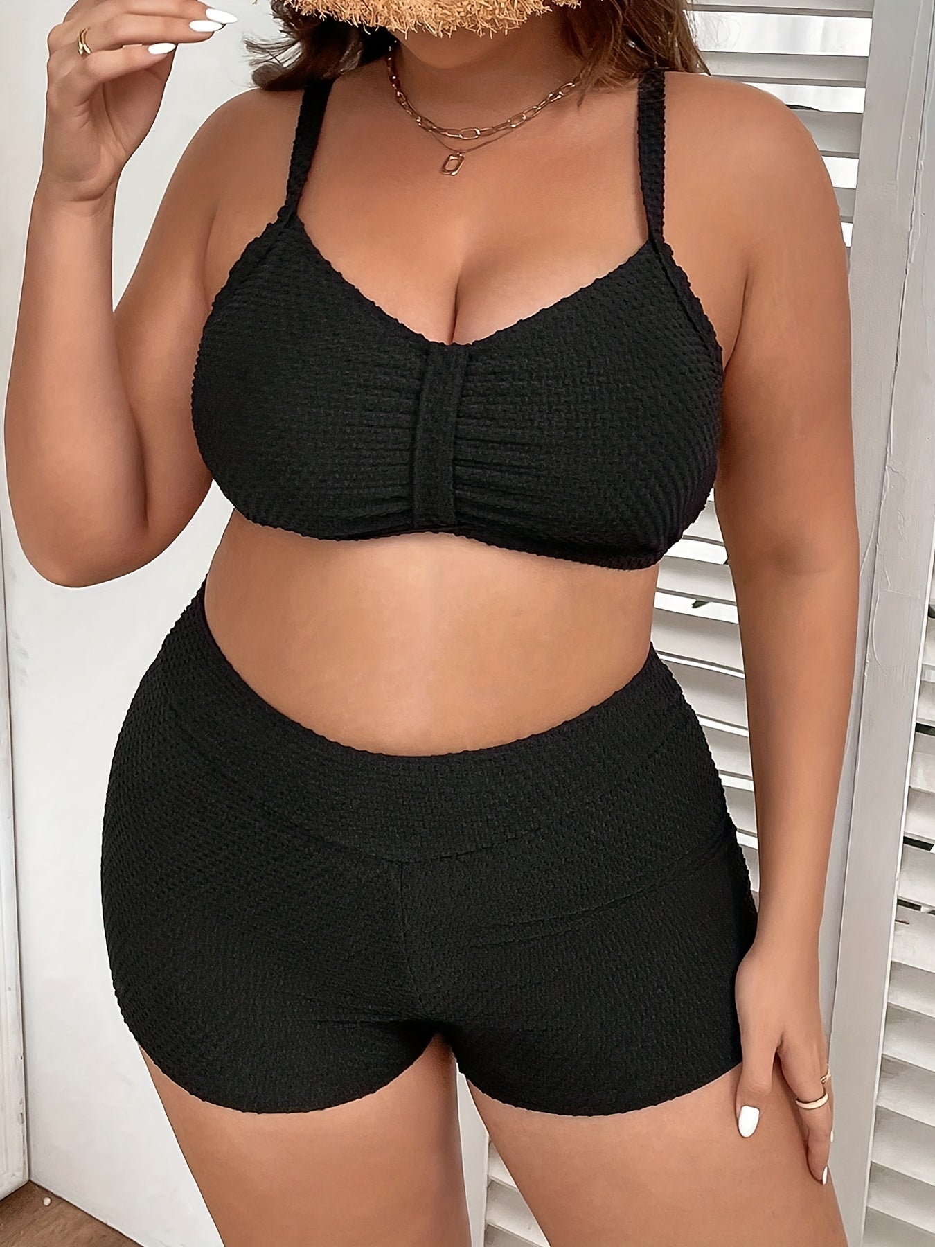  Bikini Set Ruched Padded Bra & High Waisted Shorts Swimsuit