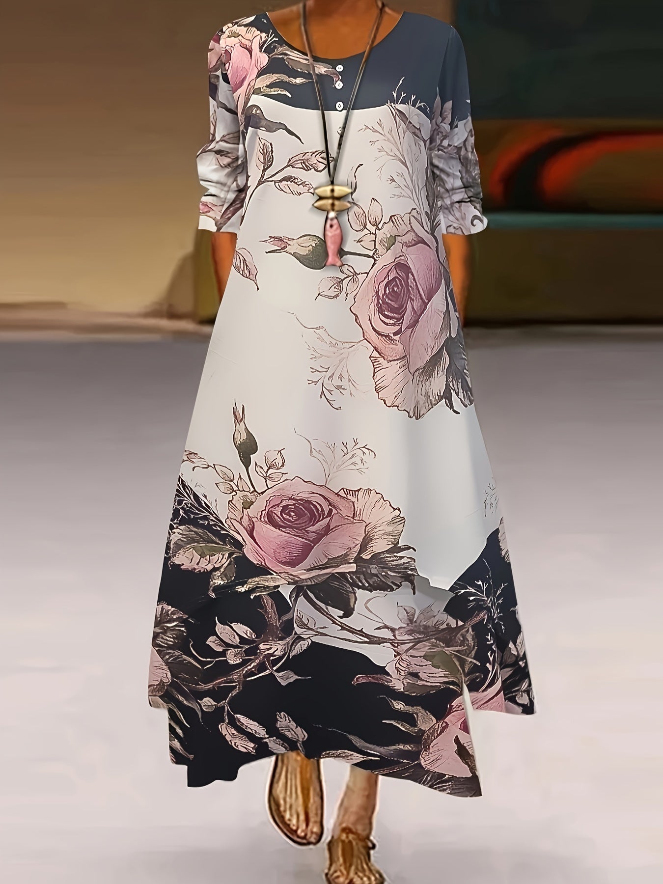  Floral Print Maxi Dress With Pockets
