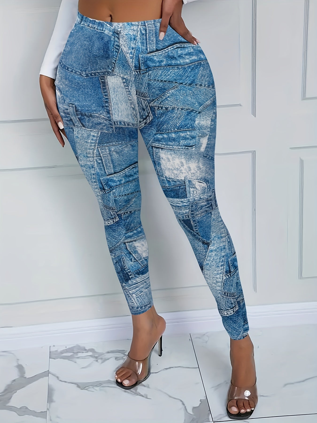 Denim Print Skinny Leggings Stretchy Casual Leggings