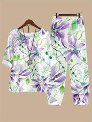 Women's Plus Floral Print Tee & Pants Outfit Set