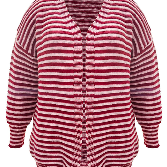  Stripe Print Open Front Lantern Sleeve Knit Cardigan