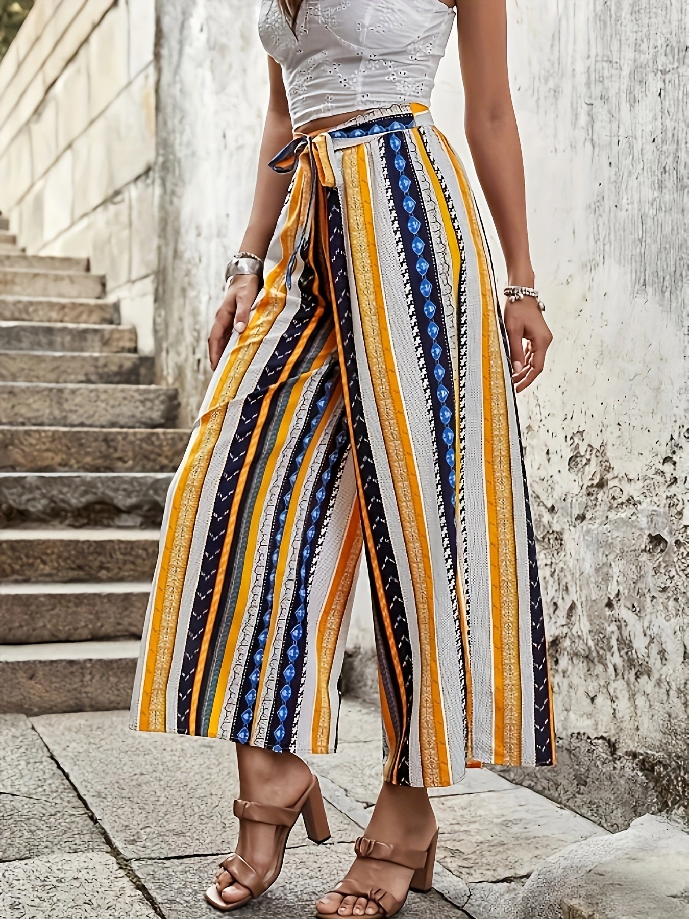  Patchwork Print High Rise Wide Leg Pants with Belt