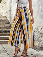 Patchwork Print High Rise Wide Leg Pants with Belt