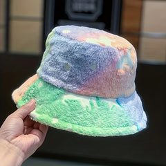 Colorful Fluffy Furry Bucket Hat Winter Warm Faux Fur Fisherman Cap
