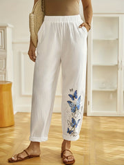  Butterfly Print Elastic Waist Pants With Pockets