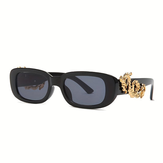 Y2K Rectangle Frame Sunglasses Gradient Lens Dragon Decor UV400