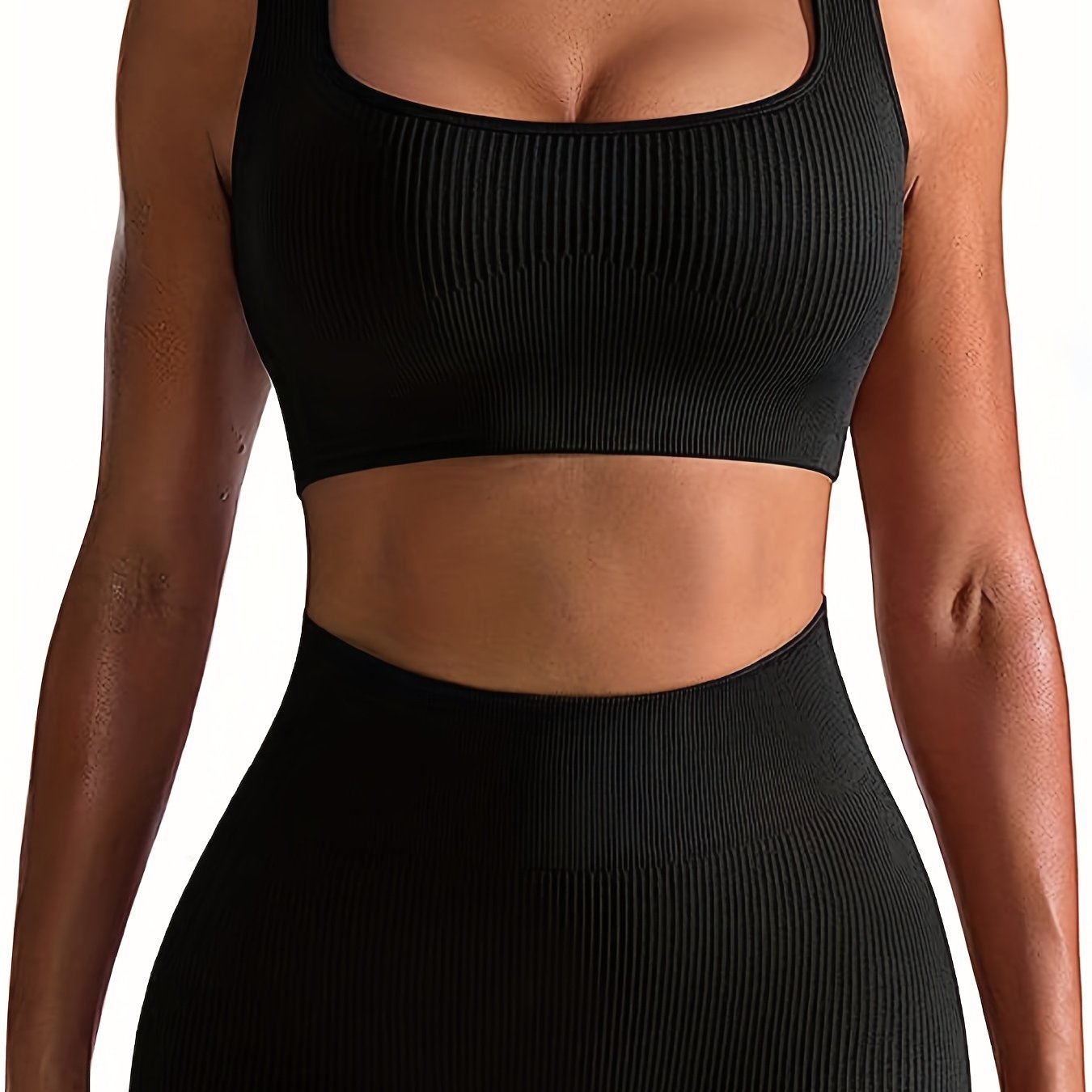 2pcs Ribbed Workout Sets Square Neck Sports Tank Top Bra & High Waist Solid