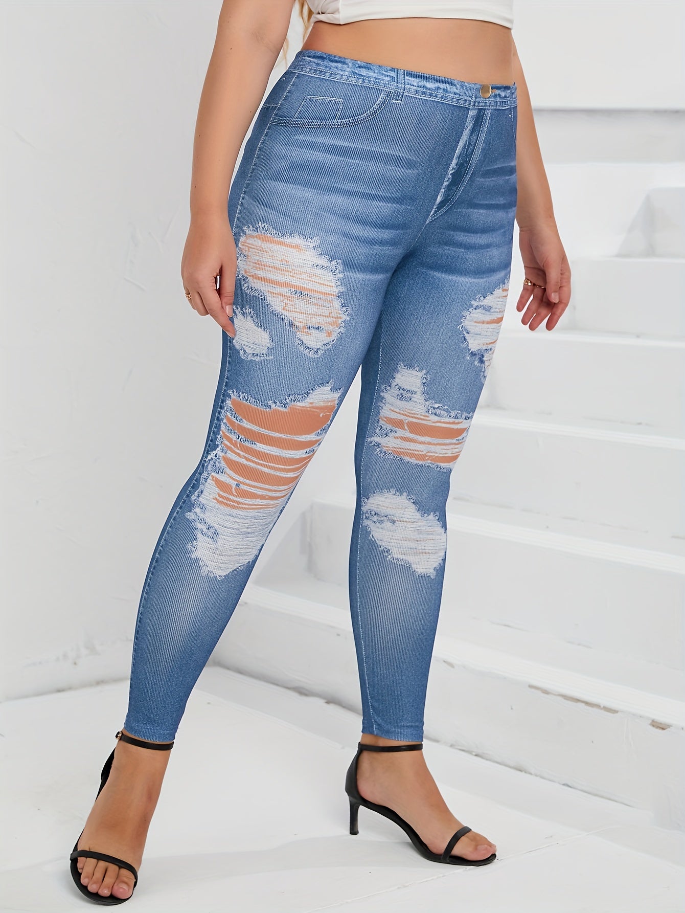 Ripped Denim Print High Rise Skinny Trousers