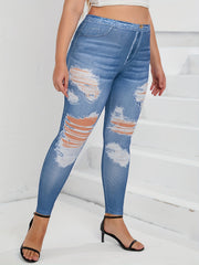  Ripped Denim Print High Rise Skinny Trousers