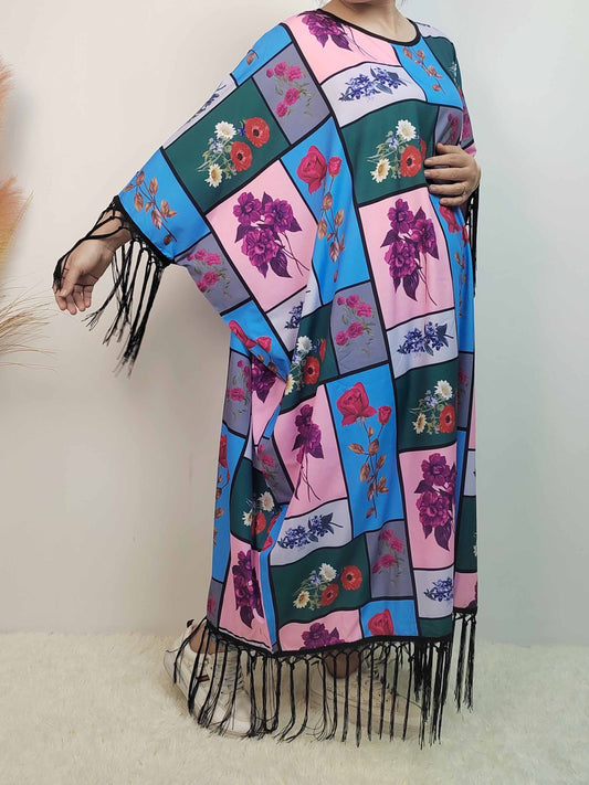  Colorblock Floral Kaftan Dress Tassel Decor Maxi Dress