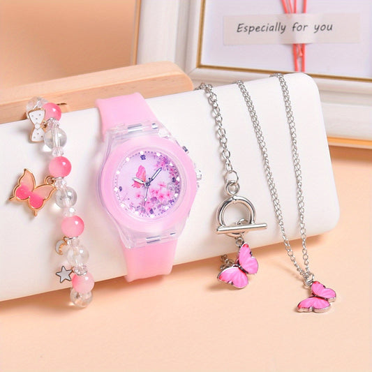 Butterfly Kids' Quartz Watch with Silicone Strap LED Light Bracelet Set