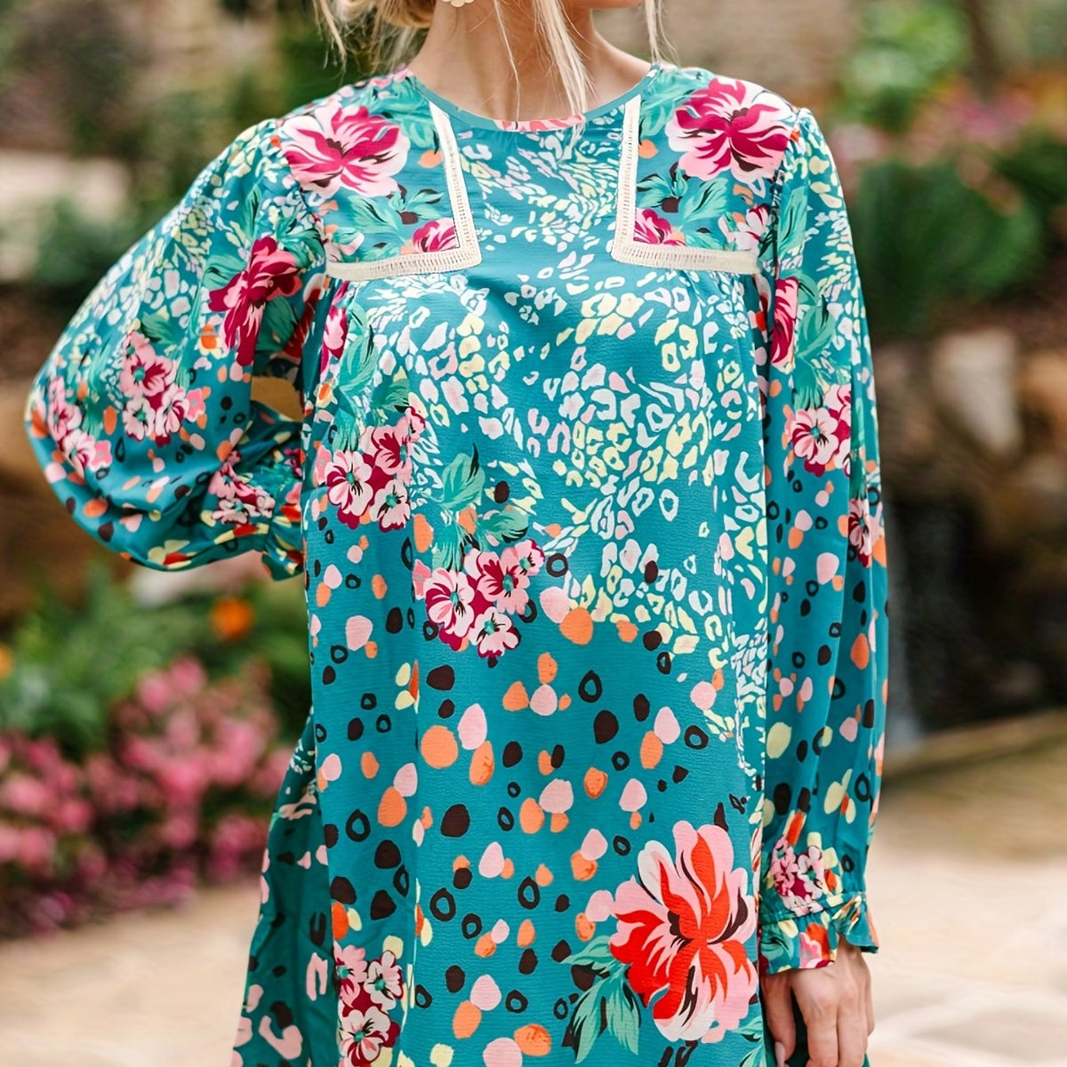 Plus Floral Print Long Sleeve Tee Dress