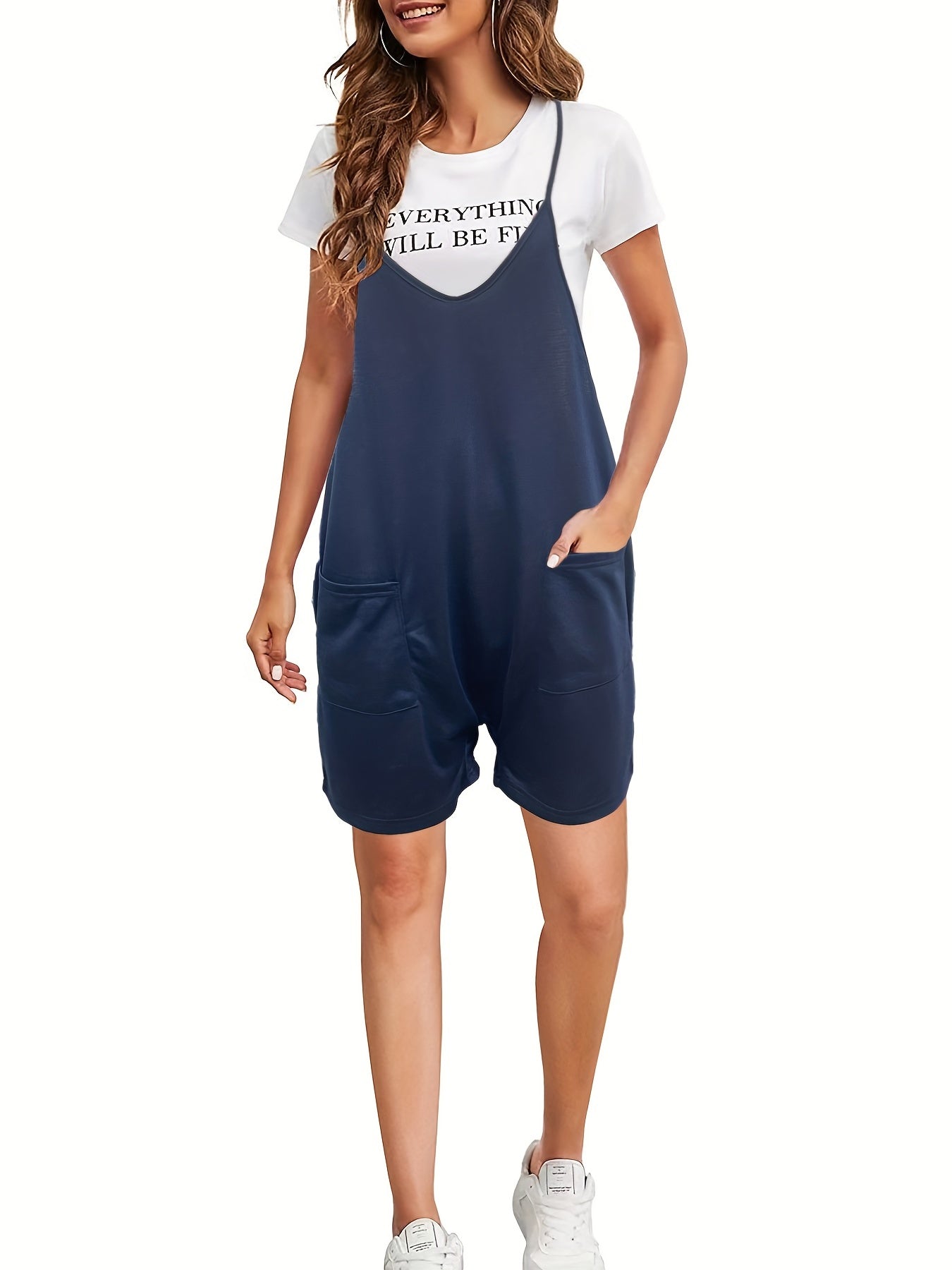 Solid Patched Pockets Jumpsuit Casual Loose V neck Jumpsuit