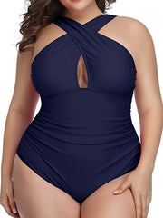Criss Cross Neck Cut Out One Piece Swimsuit Plus Size
