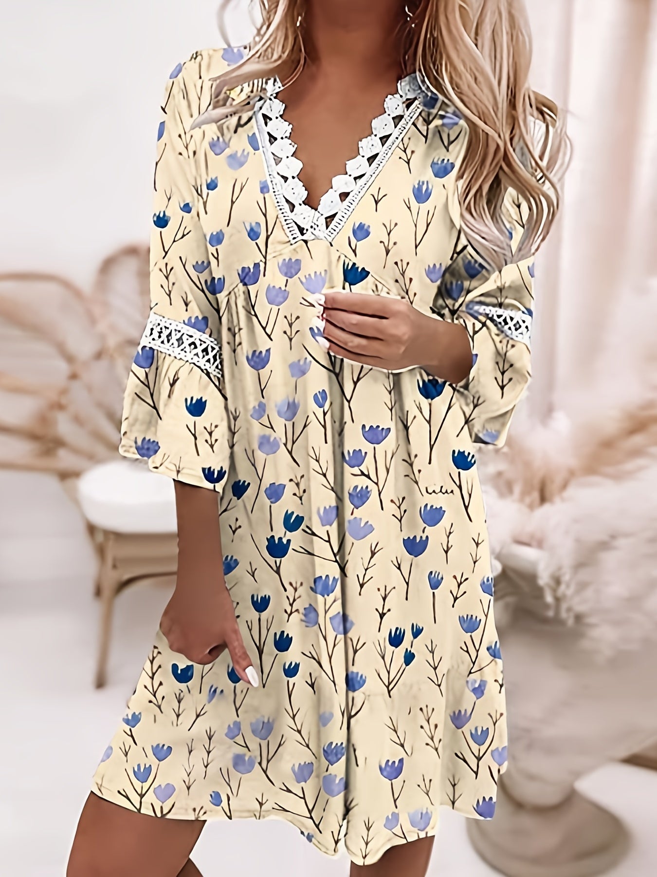 Boho Floral Print Dress Lace Stitching V Neck Half Sleeve Dress