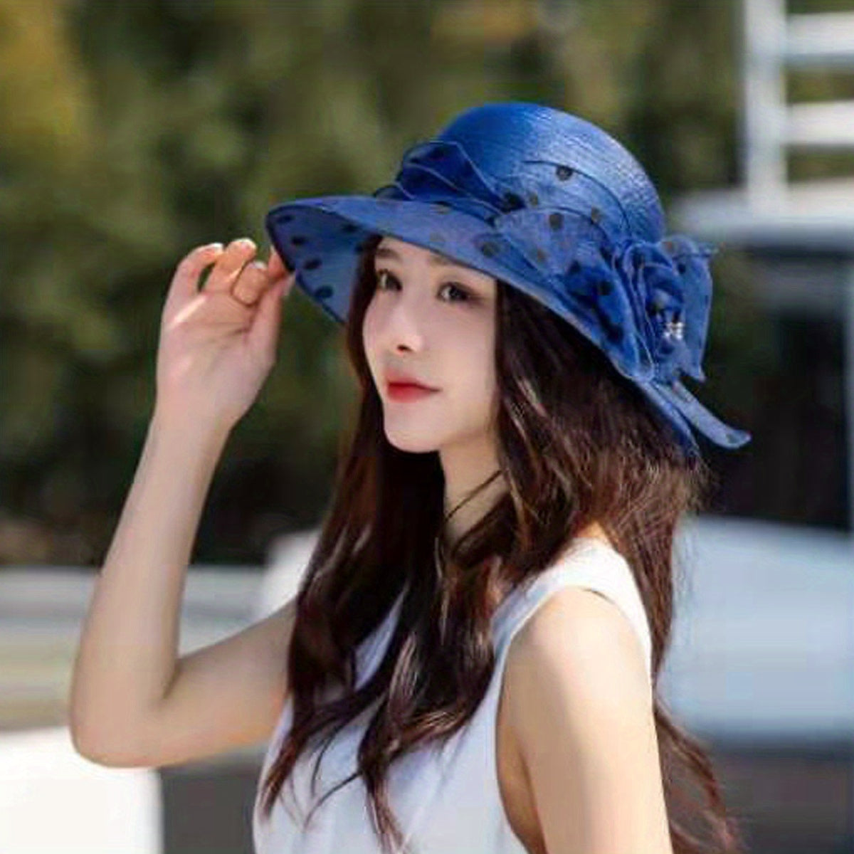 Polka Dot Flower Derby Hat Stitching Sun Hat Lightweight Mesh Bucket Hat