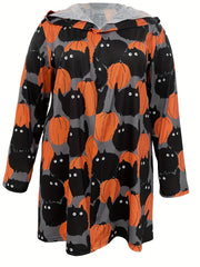  Halloween Cat Print Hooded Cardigan