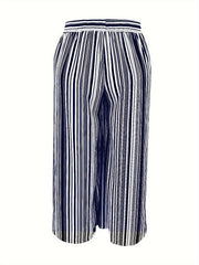  Stripe Print Wide Leg Drawstring Pants