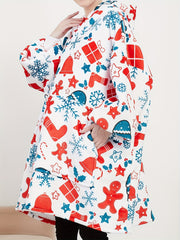  Fleece Snowflake & Bell Print Hooded Robe