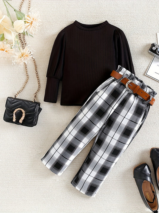 Girl's 2pcs Plaid Print Top & Belted Pants Set