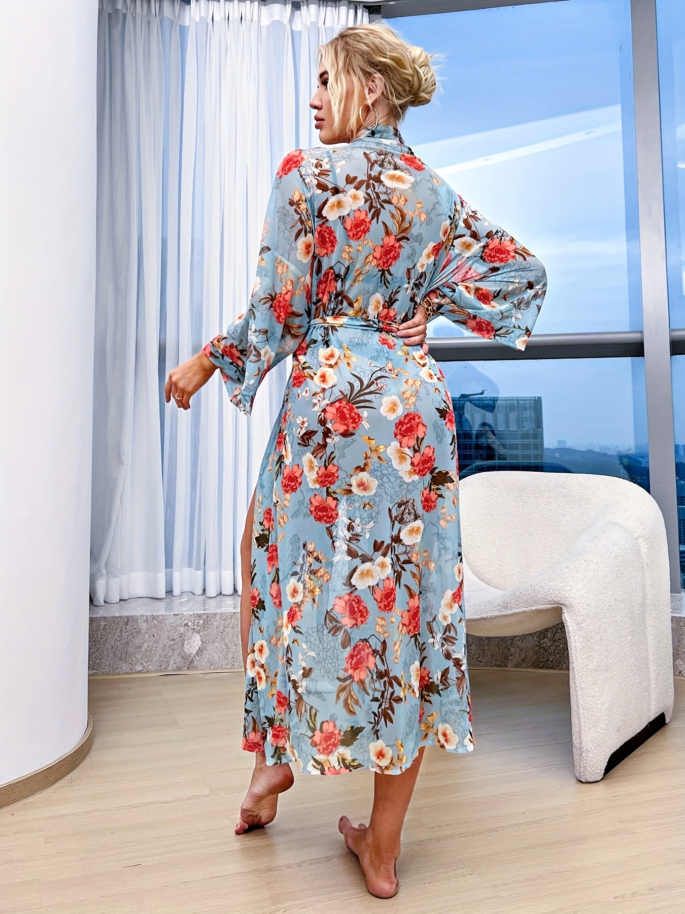 Floral Mesh Night Robe V Neck Long Sleeve Belted Sexy Lingerie