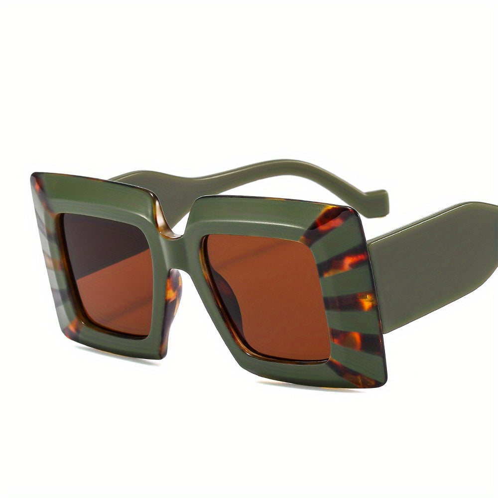 Oversized Square Frame Sunglasses Block Striped Glasses Wide Temple UV400