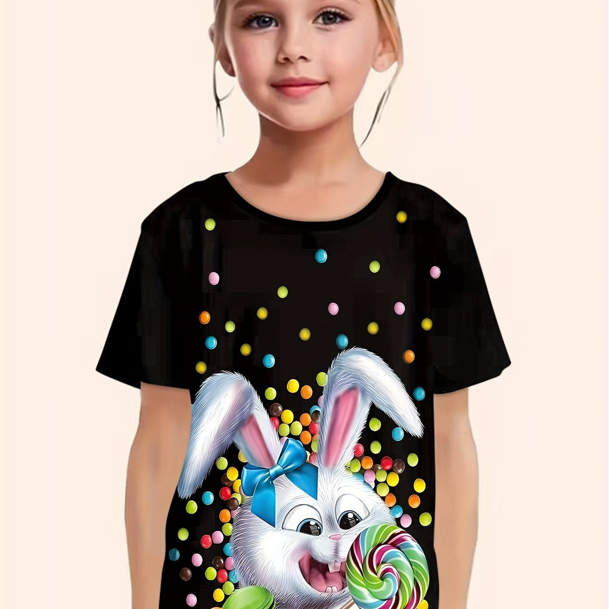 Bunny Graphic Short Sleeve T-shirt for Girls - Easter Summer Clothes
