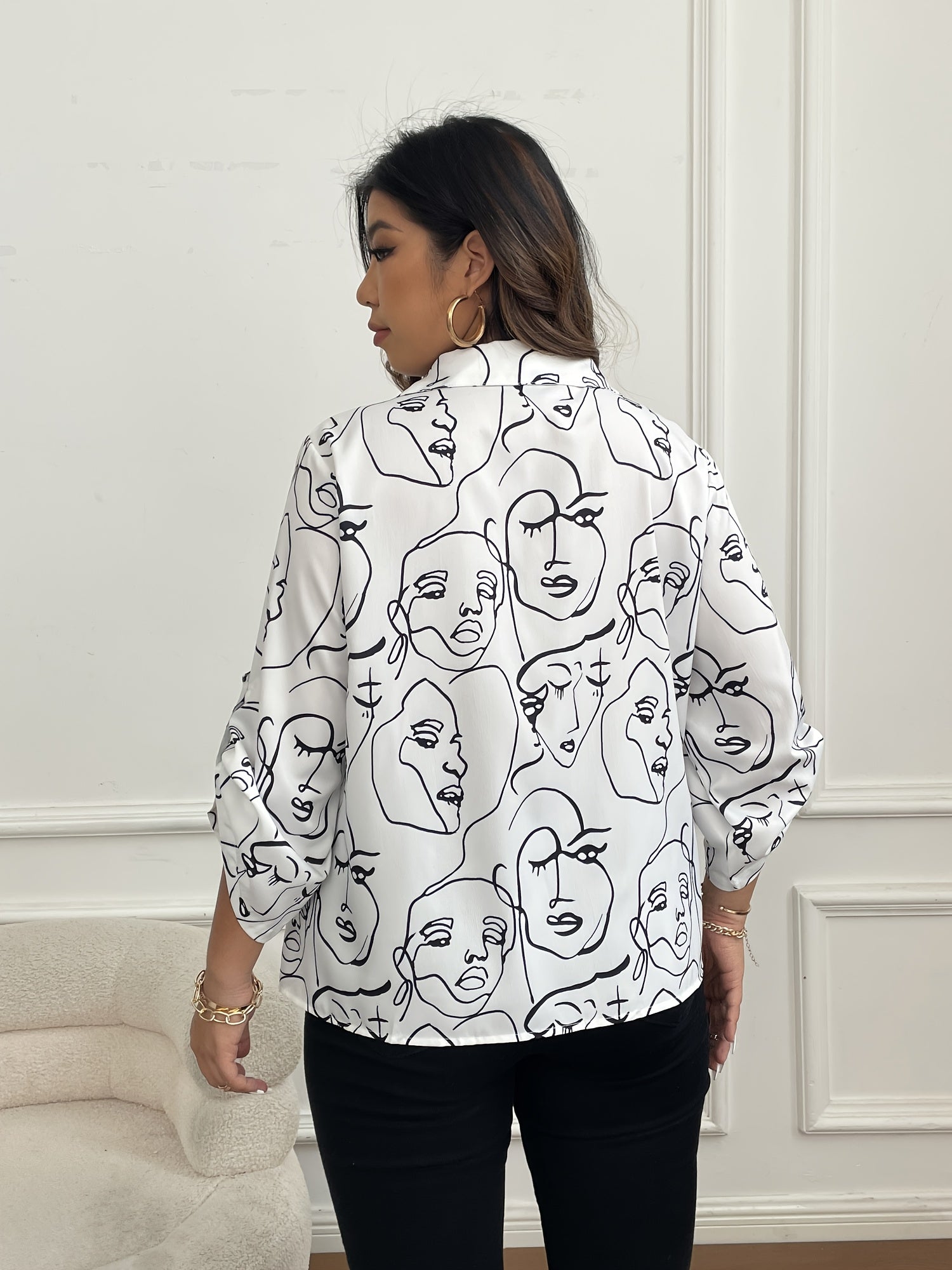  Abstract Face Print Roll Up Long Sleeve Button Up Shirt
