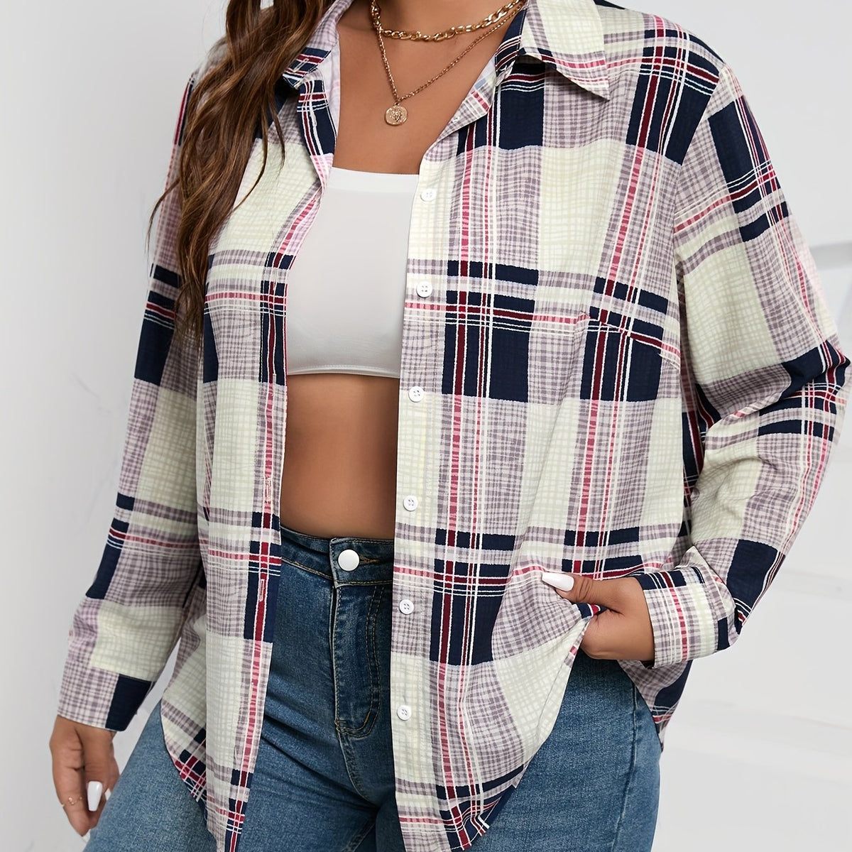  Plaid Print Long Sleeve Button Up Blouse