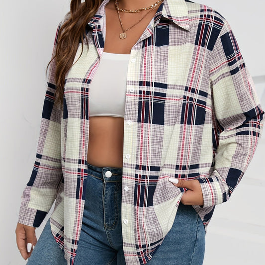  Plaid Print Long Sleeve Button Up Blouse
