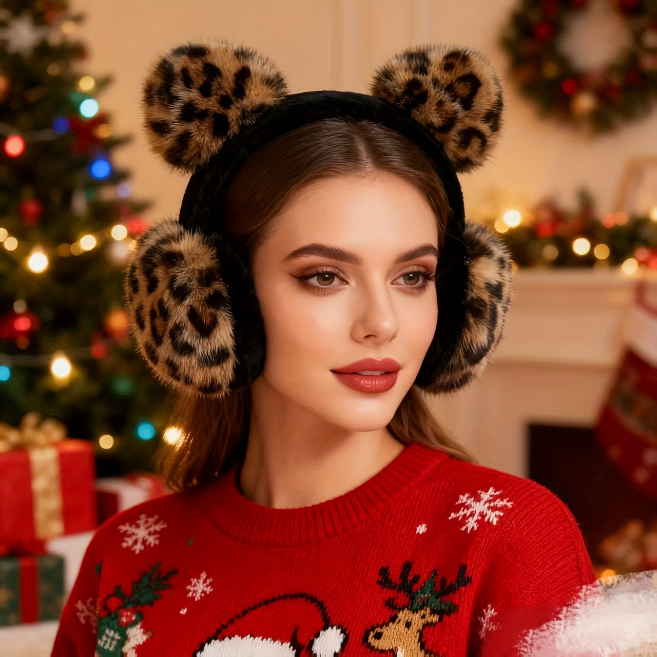 Leopard Print Ear Warmers Foldable Winter Ear Muffs with Soft Faux Fur