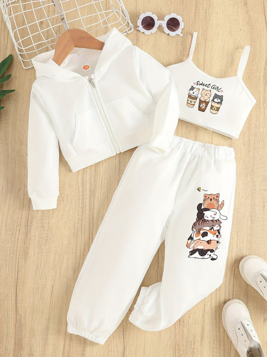 Girl's 3pcs Cat Print Hooded Set for Summer