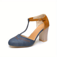 Women's Retro High Heels T-Strap Round Toe Block Heels Shoes