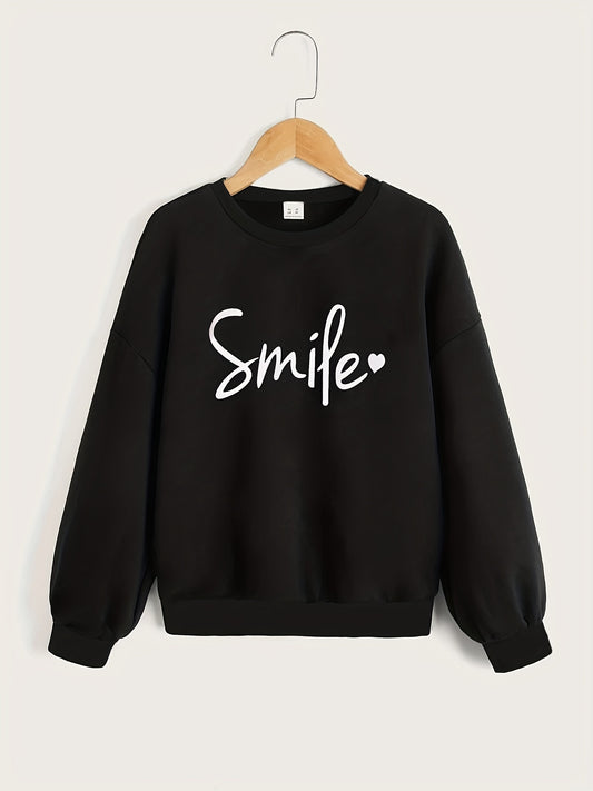 Girls' Smile Letter Print Pullovers Crew Neck Sweatshirt