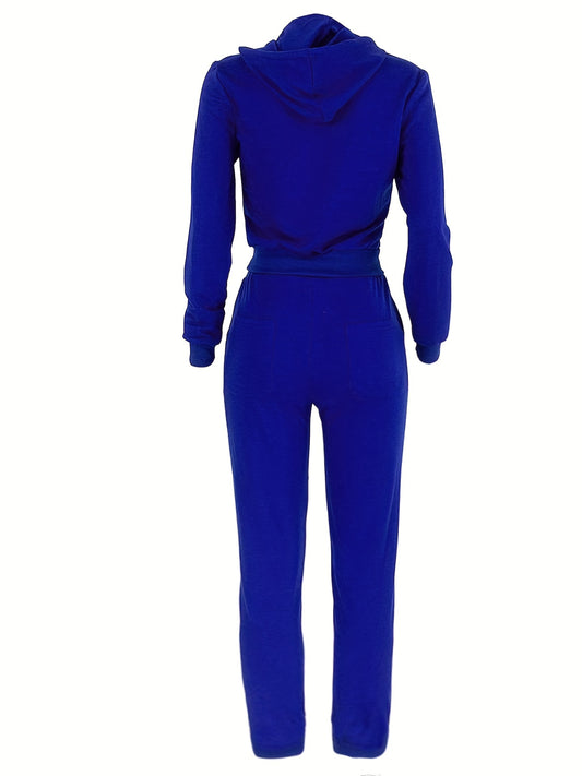 Solid Drawstring Two-piece Set Zip Up Hoodies & Long Pants Set