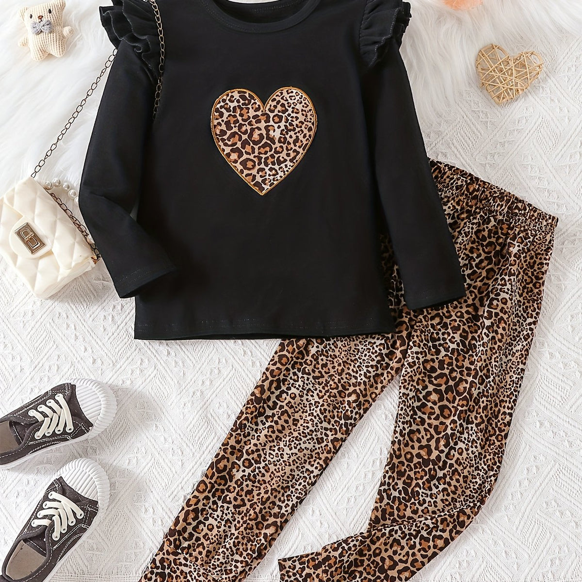 Leopard Heart Graphic Outfit Ruffled Long Sleeve Top & Pants Set