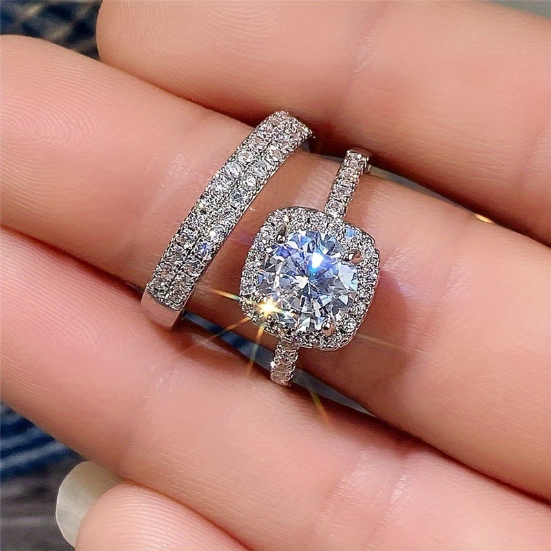 2pcs Shining Gemstone Promise Rings Silver Plated Dainty Jewelry