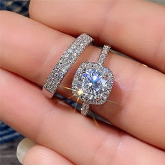 2pcs Shining Gemstone Promise Rings Silver Plated Dainty Jewelry