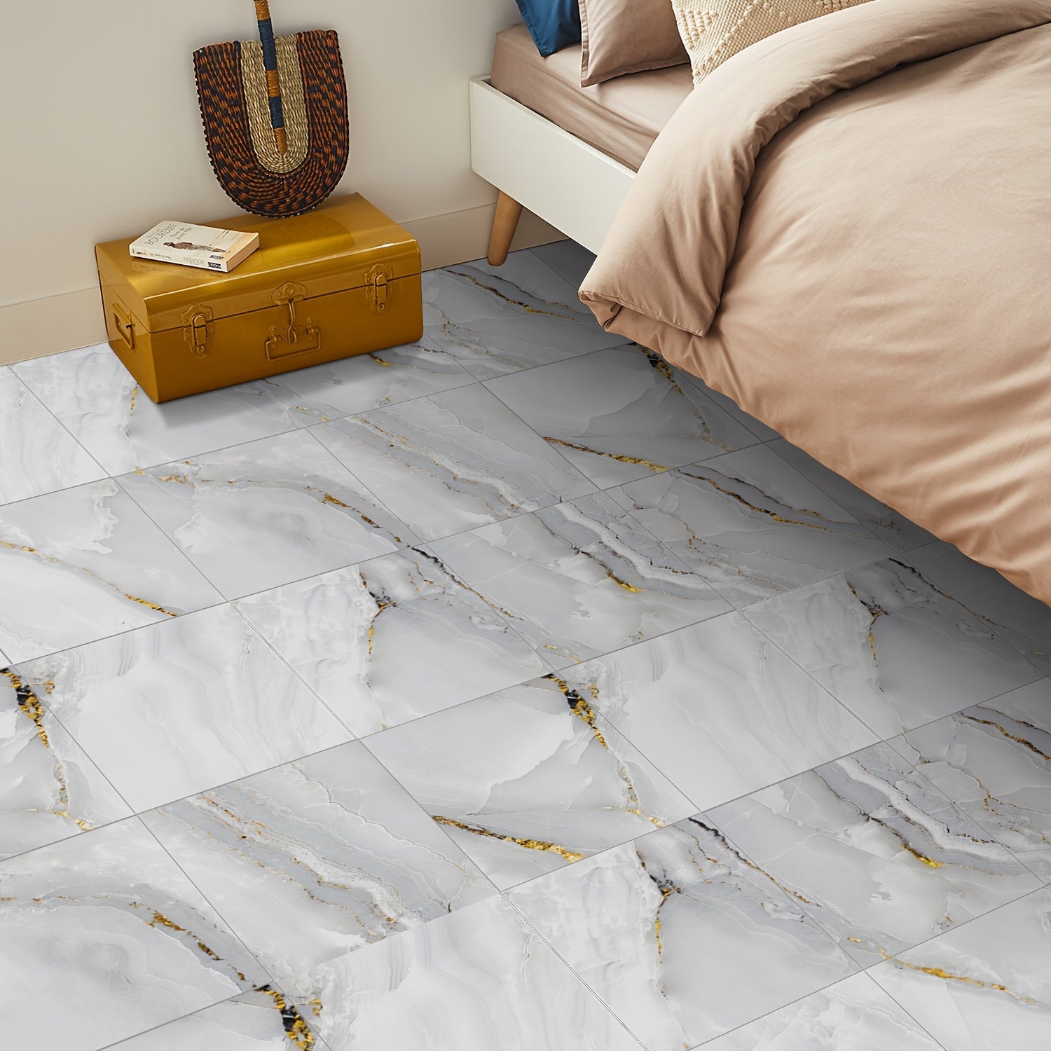 Grey Marble Pattern Floor Sticker Peel Stick Tile Waterproof Bathroom Kitchen