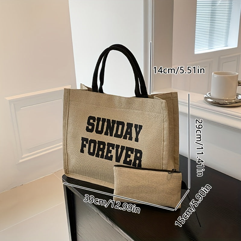 Letter Print Canvas Handbag With Coin Bag Portable Double Handle Tote Bag