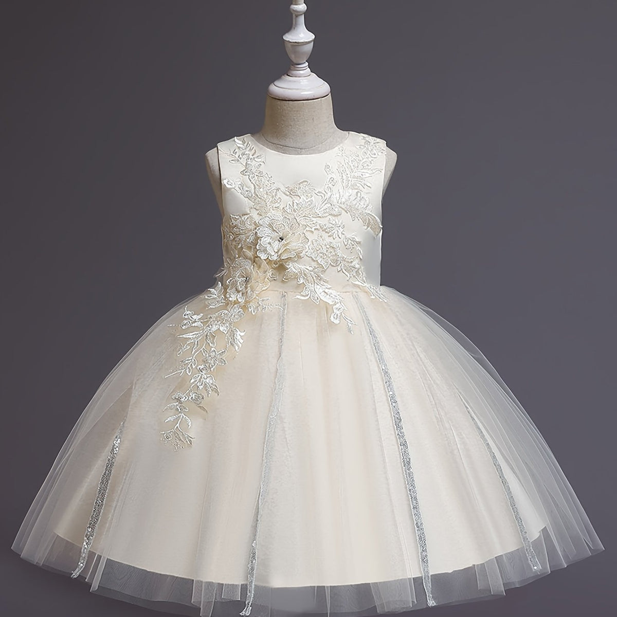 Girls Sleeveless Puffy Princess Dress Flowers Embroidery Mesh Tutu Dress